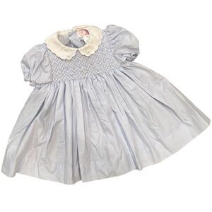 Petit Ami Smocked Hand Embroidered Floral Pale Blue Baby Dress Collar